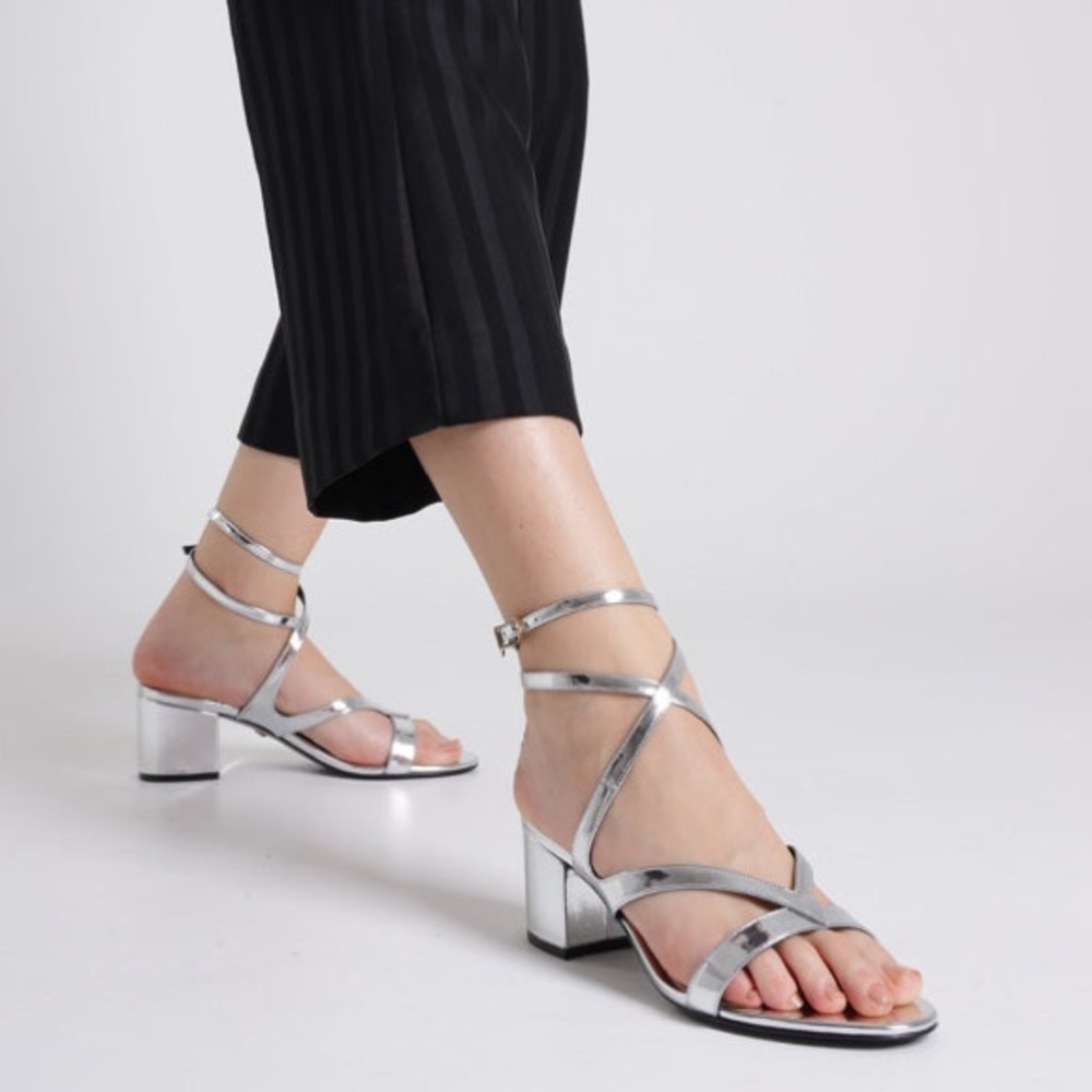 SCHUTZ Stephanie Mid Block Silver Strappy Heel Sandals